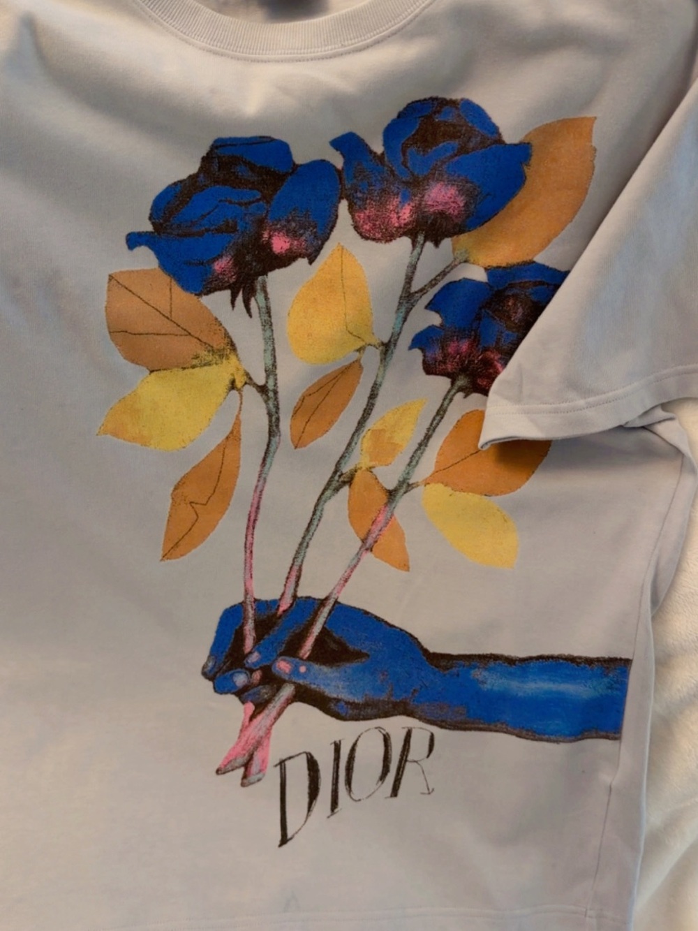 Dior powder blue Tee with Blue Floral Hand Graphic sz LG